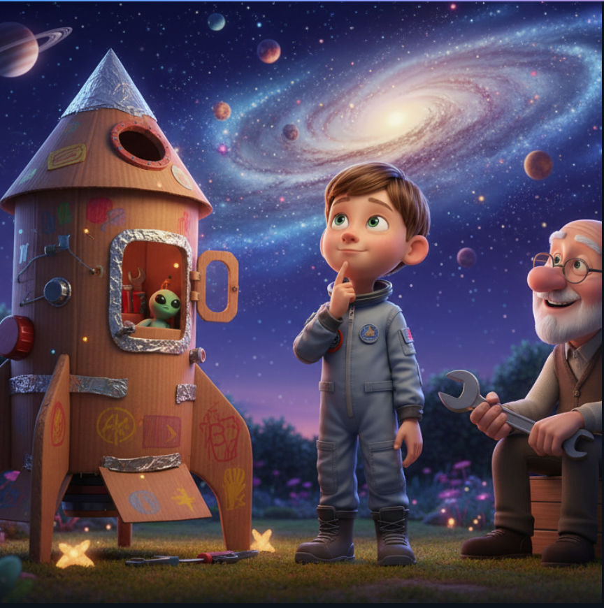 Niño construyendo cohete