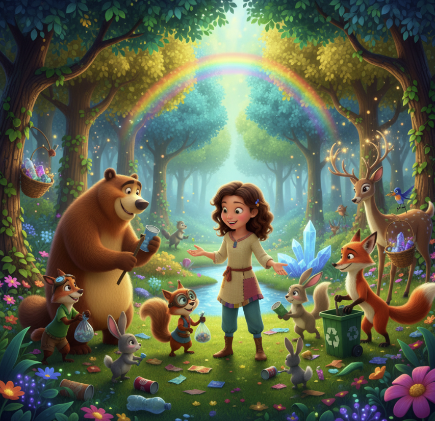 Niña en bosque mágico con animales