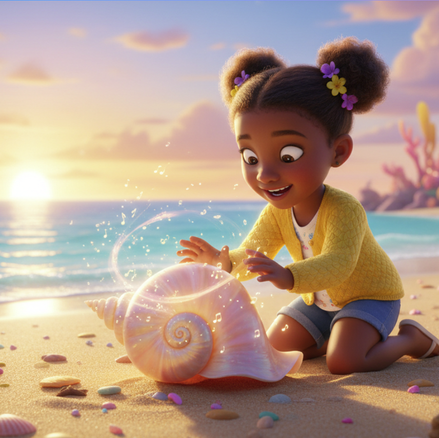 Niña descubriendo caracol mágico